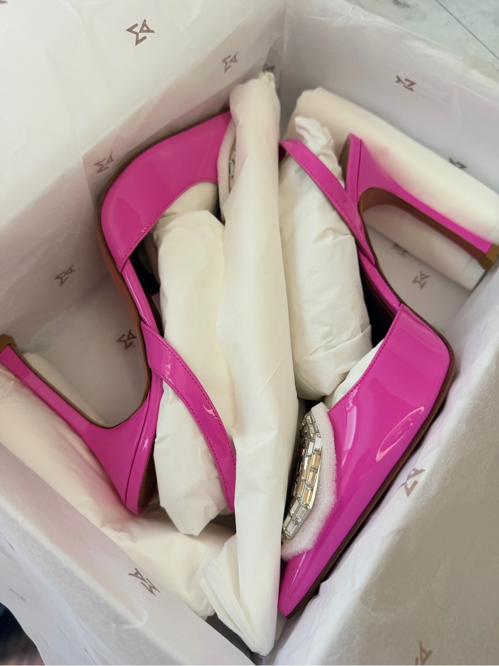 Amina Muaddi Hot Pink Pointed-Toe Slingback Heels with Crystal Buckle - Picture 2 of 10